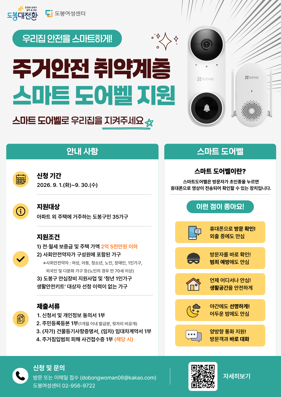 문화와 경제가 살아 숨 쉬는 도봉대전환 도봉여성센터  우리집 안전을 스마트하게!  주거안전 취약계층 스마트 도어벨 지원  스마트 도어벨로 우리집을 지켜주세요  안내 사항  신청 기간 2026. 9. 1.(화) ~ 9. 30.(수)  지원대상 아파트 외 주택에 거주하는 도봉구민 35가구  지원조건  전·월세 보증금 및 주택 가액 2억 5천만원 이하 사회안전약자가 구성원에 포함된 가구 ※ 사회안전약자 : 여성, 아동, 청소년, 노인, 장애인, 1인가구, 외국인 및 다문화 가구 등 (노인의 경우 만 70세 이상) 도봉구 안심장비 지원사업 및 ‘청년 1인가구 생활안전키트’ 대상자 선정 이력이 없는 가구  제출서류  신청서 및 개인정보 동의서 1부 주민등록등본 1부 (1개월 이내 발급분, 뒷자리 비공개) (자가) 건물등기사항증명서, (임차) 임대차계약서 1부 주거침입범죄 피해 사건접수증 1부 (해당 시)  스마트 도어벨  스마트 도어벨이란? 스마트도어벨은 방문자가 초인종을 누르면 휴대폰으로 영상이 전송되어 확인할 수 있는 장치입니다.  이런 점이 좋아요!  휴대폰으로 방문 확인! 외출 중에도 안심  방문자를 바로 확인! 범죄 예방에도 안심  언제 어디서나 안심! 생활공간을 안전하게  야간에도 선명하게! 어두운 밤에도 안심  양방향 통화 지원! 방문객과 바로 대화  신청 및 문의 방문 또는 이메일 접수 (dobongwoman06@kakao.com) 도봉여성센터 02-956-9722