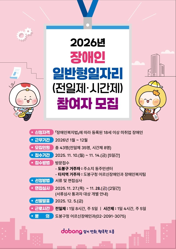 2026년 장애인 일반형일자리(전일제·시간제) 참여자 모집   신청자격 장애인복지법에 따라 등록된 18세 이상 미취업 장애인 근무기간 2026년 1월 ~ 12월 모집인원 총 43명(전일제 35명, 시간제 8명) 접수기간 2025. 11. 10.(월) ~ 11.14.(금) [5일간] 접수방법 방문접수 -도봉구 거주자 : 주소지 동주민센터 -타지역 거주자 : 도봉구청 어르신장애인과 장애인복지팀 선정방법 서류 및 면접심사 면접일정 2025.11.27.(목) ~ 11.28.(금)[2일간] (서류심사 통과자 대상 개별 안내) 선정발표 2025.12.5.(금) 근로시간 전일제 : 1일 8시간, 주 5일 ㅣ 시간제 : 1일 4시간, 주 5일 문의 도봉구청 어르신장애인과(02-2091-3075)