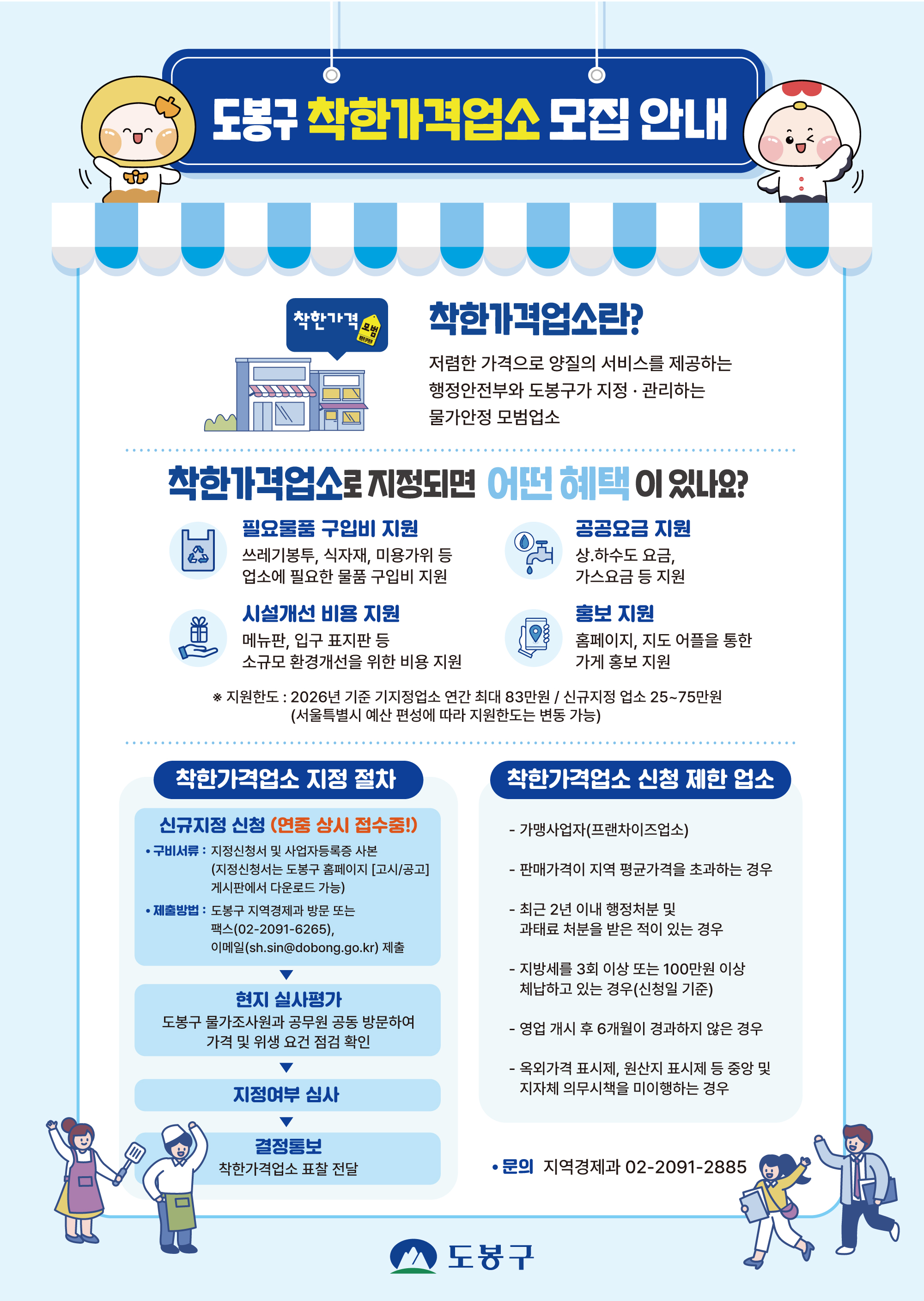 도봉구 착한가격업소 모집 안내  착한가격업소란? 저렴한 가격으로 양질의 서비스를 제공하는 행정안전부와 도봉구가 지정·관리하는 물가안정 모범업소  착한가격업소로 지정되면 어떤 혜택이 있나요? 필요물품 구입비 지원: 쓰레기봉투, 식자재, 미용가위 등 업소에 필요한 물품 구입비 지원 공공요금 지원: 상·하수도 요금, 가스요금 등 지원 시설개선 비용 지원: 메뉴판, 입구 표지판 등 소규모 환경개선을 위한 비용 지원 홍보 지원: 홈페이지, 지도 어플을 통한 가게 홍보 지원 지원한도: 2026년 기준 기지정업소 연간 최대 83만원 / 신규지정 업소 25~75만원 (서울특별시 예산 편성에 따라 지원한도는 변동 가능)  착한가격업소 지정 절차 신규지정 신청 (연중 상시 접수중!): 구비서류: 지정신청서 및 사업자등록증 사본 (지정신청서는 도봉구 홈페이지 [고시/공고] 게시판에서 다운로드 가능), 제출방법: 도봉구 지역경제과 방문 또는 팩스(02-2091-6265), 이메일(sh.sin@dobong.go.kr) 제출 현지 실사평가: 도봉구 물가조사원과 공무원 공동 방문하여 가격 및 위생 요건 점검 확인 지정여부 심사 결정통보: 착한가격업소 표찰 전달  착한가격업소 신청 제한 업소 가맹사업자(프랜차이즈업소) 판매가격이 지역 평균가격을 초과하는 경우 최근 2년 이내 행정처분 및 과태료 처분을 받은 적이 있는 경우 지방세를 3회 이상 또는 100만원 이상 체납하고 있는 경우(신청일 기준) 영업 개시 후 6개월이 경과하지 않은 경우 옥외가격 표시제, 원산지 표시제 등 중앙 및 지자체 의무시책을 미이행하는 경우  문의 지역경제과 02-2091-2885 도봉구