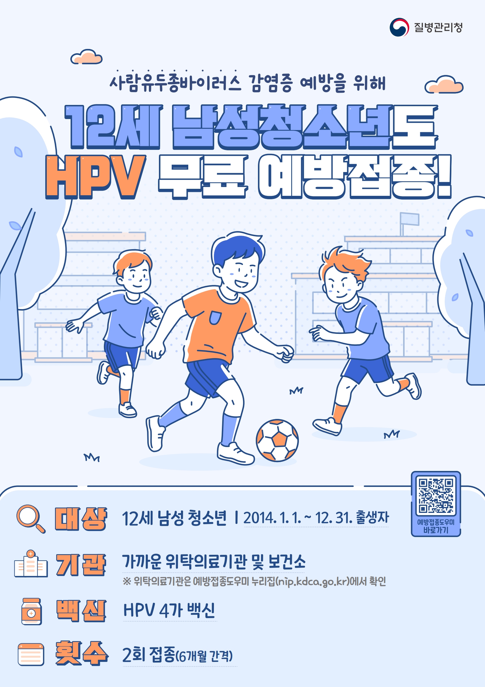 질병관리청 사람유두종바이러스 감염증 예방을 위해 12세 남성청소년도 HPV 무료 예방접종!  대상: 12세 남성 청소년 | 2014. 1. 1. ~ 12. 31. 출생자 기관: 가까운 위탁의료기관 및 보건소 ※ 위탁의료기관은 예방접종도우미 누리집(nip.kdca.go.kr)에서 확인 백신: HPV 4가 백신 횟수: 2회 접종(6개월 간격)