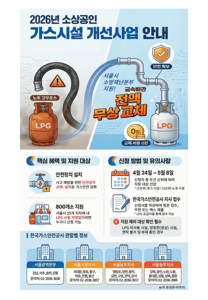 2026년 소상공인 가스시설 개선사업 안내  서울시 소방재난본부 지원! 노후 고무호스를 금속배관으로 전액 무상교체 (교체 비용 0원)  핵심 혜택 및 지원 대상  안전장치 설치: 사고 예방을 위한 안전장치 교체·설치로 가스안전 강화  800개소 지원: 서울시 25개 지자체 내 LPG 사용 자영업자라면 누구나 신청 가능  신청 방법 및 유의사항  기간: 4월 24일 ~ 5월 8일 (신청자 중 우선 순위에 따라 지원 대상 선정 / 1순위: 호스 시설, 2순위: 노후 시설)  접수: 한국가스안전공사 지사 접수 (신청서 작성 후 방문, 우편 또는 팩스 제출 / LPG 공급자를 통해 접수 가능)  제외 대상: LPG 미사용 시설, 양호한(정상) 시설, 연락 불가 및 부재 중인 경우  한국가스안전공사 관할별 정보  서울광역본부 (강남, 서초, 송파, 강동): 02-2038-3838  서울서부지사 (서대문, 종로, 중구, 마포, 은평, 용산): 02-2038-3857  서울남부지사 (영등포, 양천, 동작, 금천, 구로, 관악, 강서): 02-2038-3917  서울동부지사 (강북, 광진, 노원, 도봉, 동대문, 성동, 성북, 중랑): 02-2038-3986