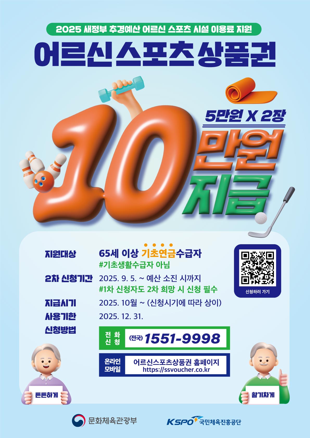 2025 새정부 추경예산 어르신 스포츠 시설 이용료 지원 어르신 스포츠 상품권 10만원 지급 5만원 두장 지원대상 65세 이상 기초연금수급자 * 기초생활수급자 아님 2차 신청기간 2025.9.5. ~ 예산 소진시까지 1차 신청자도 2차 희망시 신청 필수 지급시기 2025. 10월~ 신청시기에 따라 상이 사용기한 2025.12.31. 신청방법 전화신청 전국 1551-9998 온라인 모바일 어르신스포츠 상품권 홈페이지 http://ssvoucher.co.kr 든든하게 활기차게 문화체육관광부 국민체육진흥공단