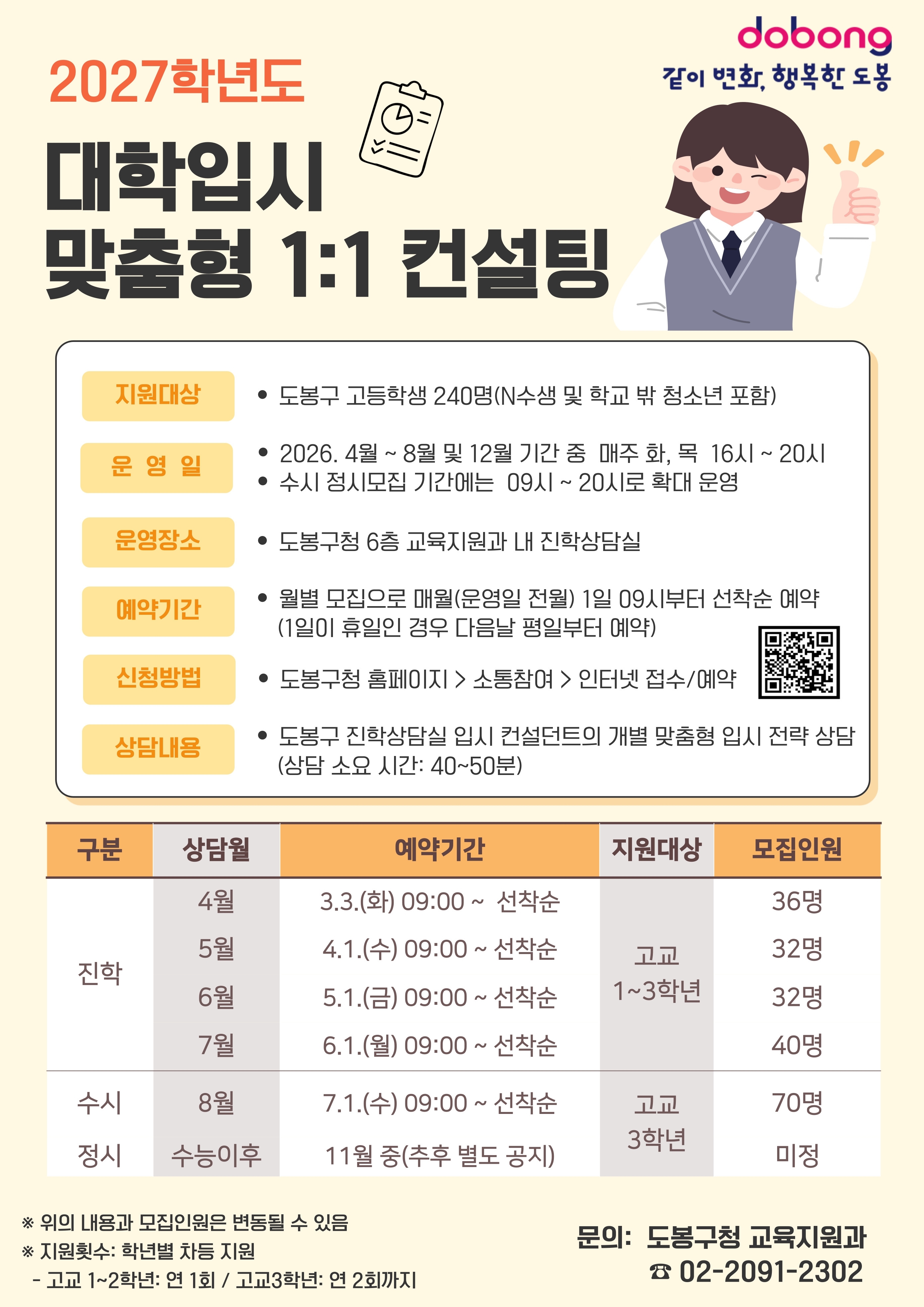 제4회 대학입시 맞춤형 컨설팅  일시 : 2026. 8. 8.(토) 10:00 ~ 17:00  장소 : 도봉구청 2층 대강당 및 선인봉홀  대상 : 관내 수험생 및 학부모 120명(선착순)  내용 : 1:1 맞춤형 진학 상담(1인당 40분 내외)  준비물 : 생활기록부, 성적통지표 등 상담 자료  접수기간 : 2026. 7. 20.(월) 09:00 ~ 7. 31.(금) 18:00  접수방법 : 도봉구청 홈페이지 온라인 접수  문의 : 도봉구 교육지원과 02-2091-2324