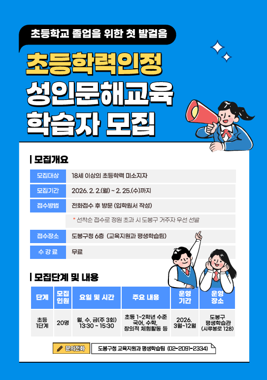 초등학교 졸업을 위한 첫 발걸음, 초등학력인정 성인문해교육 학습자 모집   모집개요  모집대상: 18세 이상의 초등학력 미소지자  모집기간: 2026. 2. 2.(월) ~ 2. 25.(수)까지  접수방법: 전화접수 후 방문 (입학원서 작성) ※ 선착순 접수로 정원 초과 시 도봉구 거주자 우선 선발  접수장소: 도봉구청 6층 (교육지원과 평생학습팀)  수강료: 무료  모집단계 및 내용  단계: 초등 1단계  모집인원: 20명  요일 및 시간: 월, 수, 금(주 3회) 13:30 ~ 15:30  주요 내용: 초등 1~2학년 수준 국어, 수학, 창의적 체험활동 등  운영기간: 2026. 3월~12월  운영장소: 도봉구 평생학습관 (시루봉로 128)  문의전화: 도봉구청 교육지원과 평생학습팀 (02-2091-2334)