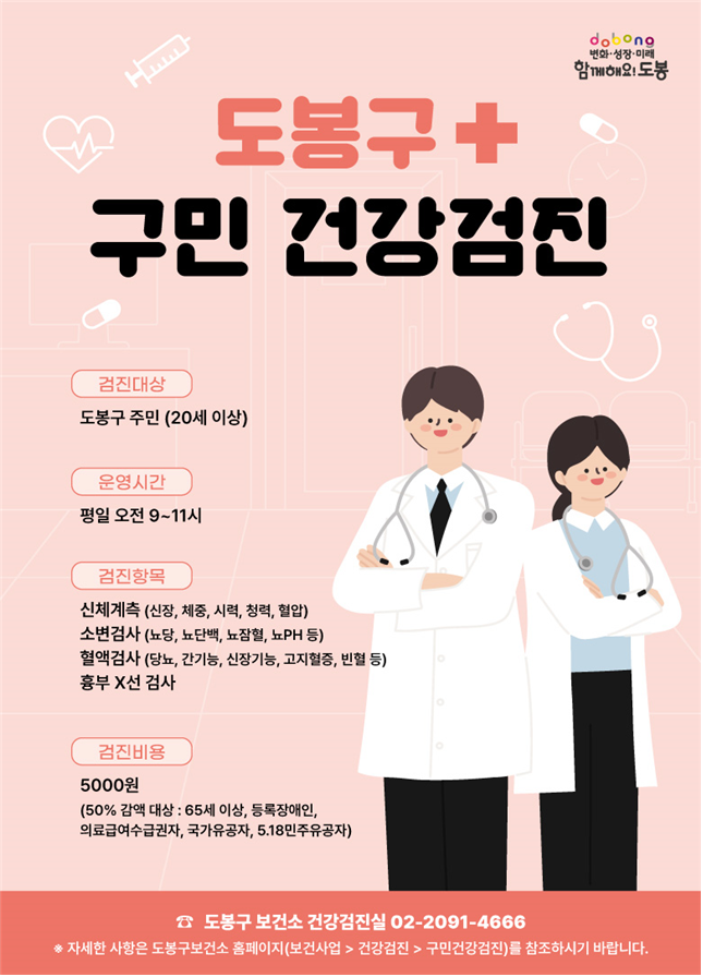 도봉구 변화·성장·미래 함께해요!도봉 구민 건강검진 검진대상 도봉구 주민 (20세 이상) 운영시간 평일 오전 9~11시 검진항목 신체계측 (신장, 체중, 시력, 청력, 혈압) 소변검사 (뇨당, 뇨단백, 뇨잠혈, 뇨PH 등) 혈액검사 (당뇨, 간기능, 신장기능, 고지혈증, 빈혈 등) 흉부 X선 검사 검진비용 5000원 (50% 감액 대상: 65세 이상, 등록장애인, 의료급여수급권자, 국가유공자, 5.18민주유공자) 도봉구 보건소 건강검진실 02-2091-4666 *자세한 사항은 도봉구보건소 홈페이지(보건사업 > 건강검진 > 구민건강검진)를 참조하시기 바랍니다.