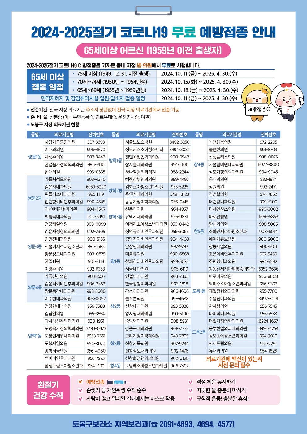 2024-2025절기 코로나19 무료 예방접종 안내 65세이상 어르신 (1959년 이전 출생자] 2024-2025절기 코로나19 예방접종을 가까운 동네 지정 병·의원에서 무료로 시행합니다. • 65세 이상 75세 이상 (1949. 12. 31. 이전 출생) 2024. 10. 11.()~ 2025. 4. 30.(+) 70세~74세 (1950년~1954년생) 2024. 10. 15.(화) ~ 2025. 4. 30.(수) 접종 일정 65세~69세 (1955년 ~ 1959년생) 면역저하자 및 감염취약시설 입원·입소자 접종 일정 •접종기관: 전국 지정 의료기관 주소지 상관없이 전국 지정 의료기관에서 접종 가능 • 준 비 물: 신분증 (예 - 주민등록증, 경로우대증, 운전면허증, 여권) • 도봉구 지정 의료기관 현황 2024.10.18.()~ 2025. 4. 30.(+) 2024. 10. 11.()~ 2025. 4. 30.(+) 예방접종ᄋ 동명 의료기관명 사랑가득중앙의원 전화번호 동명 307-3393 의료기관명 서울노보스병원 전화번호 동명 의료기관명 전화번호 3492-3250 녹천행복의원 972-2295 이내과의원 쌍문1동 차성수의원 996-4670 902-3443 방학1동 한걸음가정의학과의원 996-9110 성모키즈소아청소년과 정앤최정형외과의원 참서울내과의원 3494-3034 늘편한의원 991-8703 900-9942 삼성플러스의원 998-0075 954-2100 창4동 서울넘버원내과의원 6077-8800 현대의원 993-0335 하나정형외과의원 988-2244 성모가정의학과의원 904-9045 가톨릭성모의원 903-4340 혜정산부인과의원 999-4497 은내과의원 932-1974 김윤자내과의원 위플러스내과의원 6959-5220 995-1119 방학2동 김현소아청소년과의원 윤앤석내과의원 955-5225 장원의원 992-2471 3491-8123 김병철의원 974-7852 쌍문2동 전진형이비인후과의원 990-4545 최이비인후과의원 904-4507 동동가정의학과의원 신동아의원 956-0415 더건강내과의원 999-5100 954-1857 더샤인한의원 990-3002 최병국내과의원 건강제일의원 902-6991 방학3동 유덕기내과의원 903-0099 956-9831 바로선병원 1666-5853 |건운재정형외과의원 992-2305 이계자소아청소년과의원 956-0442 정인규이비인후과의원 방내과의원 998-5005 956-3066 창5동 소화연세소아청소년과 908-6014 김명진내과의원 900-5155 쌍문3동 서울이지소아청소년과 쌍문성모내과의원 991-5583 김명진이비인후과의원 남상민내과의원 904-4439 997-9787 에이치큐브병원 900-2000 창동제일의원 900-5011 903-0875 더블유의원 990-6868 조은이비인후과의원 997-5450 한일병원 901-3114 창1동 상쾌한이비인후과의원 999-5075 조천영내과의원 994-7582 이영수의원 992-6353 서울내과의원 905-6119 |창동신세계마취통증의학과 6952-3636 가족건강의 903-1556 엔젤아이의원 903-7333 바로바로의원 956-8808 김운석이비인후과의원 906-3453 한국정형외과의원 903-1818 박의수소아청소년과의원 956-9393 쌍문4동 쌍문동강내과의원 998-3600 강소아과의원 906-1606 도봉1동 제일정형외과의원 955-7700 이수현내과의원 903-0092 늘푸른의원 997-4688 주용진내과의원 3492-3091 건강한내과의원 956-7588 창2동 신창내과의원 993-5336 한사랑의원 956-7545 김남일의원 955-3554 양시영내과의원 990-5100 나비석내과의원 다사랑신경외과의원 930-1961 중앙외과의원 908-5931 더웰가정의학과의원 956-7533 6224-1667 도병욱가정의학과의원 3493-0373 강준구내과의원 방학1동 도봉연세내과의원 6953-7561 고려가정의학과의원 도봉제일의원 954-8070 창3동 신창기독의원 908-7772 943-7895 907-9234 도봉2동 동부한일외과내과의원 성모소아청소년과의원 3492-4754 954-2010 연세드림의원 955-2291 방학서울의원 956-4080 신창성모내과의원 902-1476 유내과의원 954-1826 |백이비인후과의원 956-7975 신창최정형외과의원 902-0128 환절기 삼성드림소아청소년과 954-1199 창4동 노영래소아청소년과의원 906-7502 예방접종 의료기관에 백신이 있는지 사전 문의 필수 적정 체온유지하기 v 손씻기 등 개인위생수칙 준수 v 따뜻한 물 충분히 마시기 건강수칙 v 사람이 많고 밀폐된 실내에서는 마스크 착용 v 규칙적 운동! 충분한 휴식! 도봉구보건소 지역보건과 2091-4693, 4694, 4577)