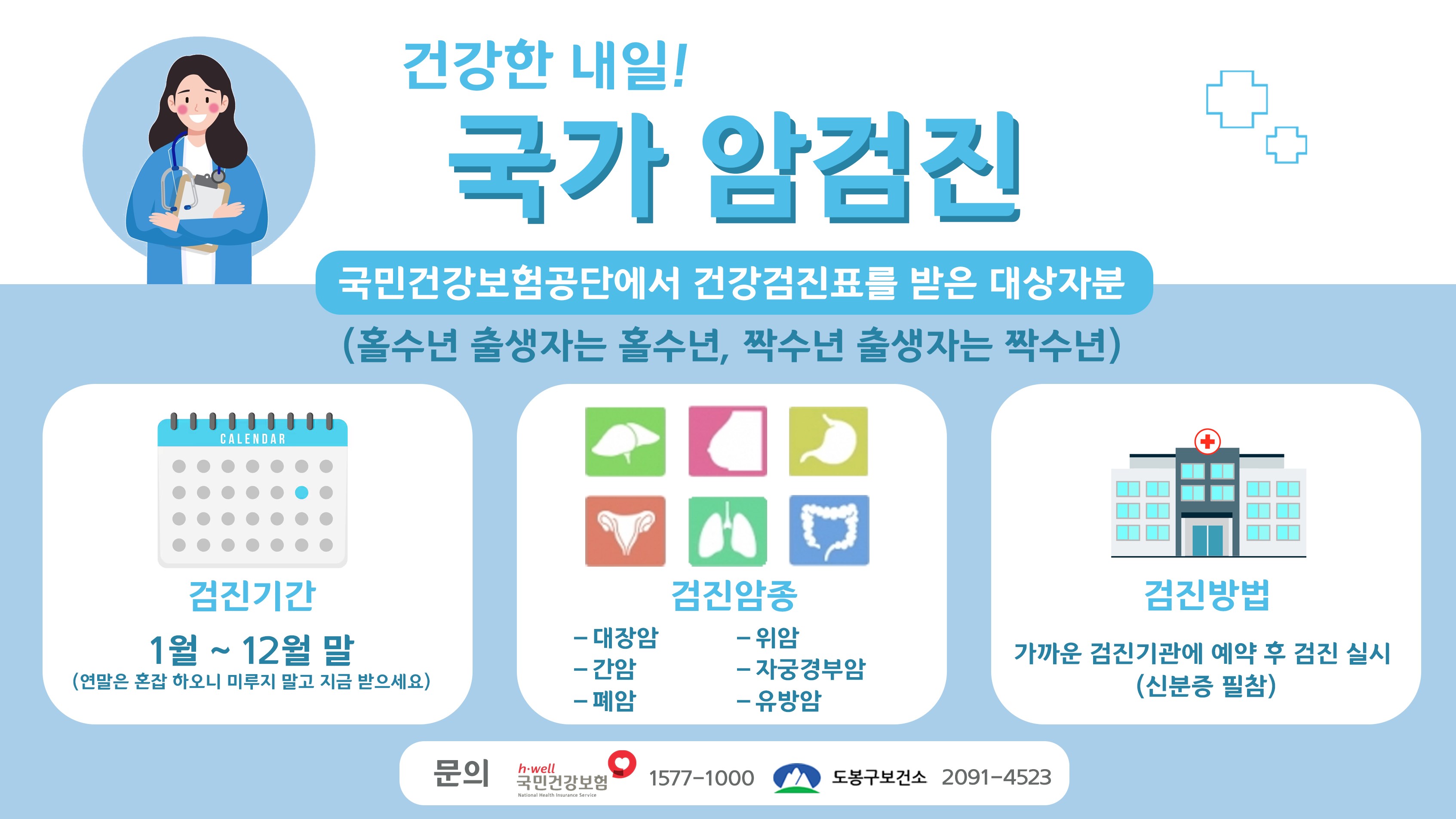 건강한 내일 국가 암건진 국민건강보험공단에서 건강검진표를 받은 대상자분 홀수년 충생자는 홀수년, 짝수년 출생자는 짝수년 검진기간 1월~12월 말 연말은 혼잡하오니 미루지 말고 지금 받으세요 검진암종 대장암 위암 간암 자궁경부암 폐암 유방암 검진방법 가까운 검진기관에 예약 후 검진 실시 신분증 필참 문의 국민건강보험 1577-1000 도봉구보건소 2091-4523