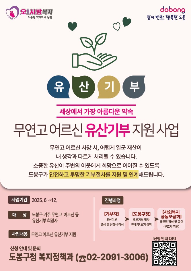 오사방복지 도봉형약자와의 동행 같이변화 행복한 도봉 유산기부 세상에서 가장아름다운 약속 무연고 어르신 유산기부 지원 사업 무연고 어르신 사망시 어렵게 일군 재산이 내 생각과 다르게 처리될 수 있습니다. 소중한 유산이 주변의 이웃에게 희망으로 이어질 수 있도록 도봉구가 안전하고 투명한 기부절차를 지원 및 연계해드립니다. 사업기간 2025.6. ~ 12. 대상 도봉구 거주 무연고 어르신 드 유산기부 지원 진행과정 기부자 유산기부 결심 및 신청서 작성 도봉구청 유산기부 절차 안내 및 초기 상담 사회복지공동모금회 유언장 작성 및 공증 변호사 지원 신청안내 및 문의 도봉구청 복지정책과 02-2091-3006