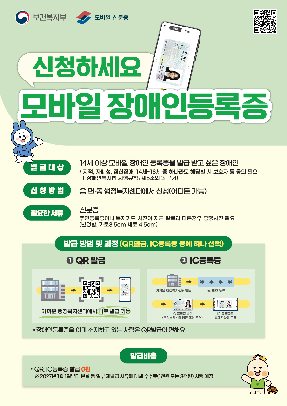 신청하세요 모바일 장애인등록증

보건복지부 모바일 신분증

발급 대상: 14세 이상 모바일 장애인 등록증을 발급 받고 싶은 장애인

지적, 자폐성, 정신장애, 14세~18세 중 하나라도 해당할 시 보호자 등 동의 필요 (장애인복지법 시행규칙 제5조의 3 근거)

신청 방법: 읍·면·동 행정복지센터에서 신청(어디든 가능)

필요한 서류: 신분증 (주민등록증이나 복지카드 사진이 지금 얼굴과 다른경우 증명사진 필요 반명함, 가로3.5cm 세로 4.5cm)

발급 방법 및 과정 (QR발급, IC등록증 중에 하나 선택)

QR 발급: 가까운 행정복지센터에서 바로 발급 가능

IC등록증: 가까운 행정복지센터 방문 - 핀 번호 등록 - IC 등록증 받기(행정복지센터 방문 또는 우편) - IC 등록증을 휴대전화에 등록

장애인등록증을 이미 소지하고 있는 사람은 QR발급이 편해요.

발급비용

QR, IC등록증 발급 0원
 2027년 1월 1일부터 분실 등 일부 재발급 사유에 대해 수수료(1천원 또는 3천원) 시행 예정