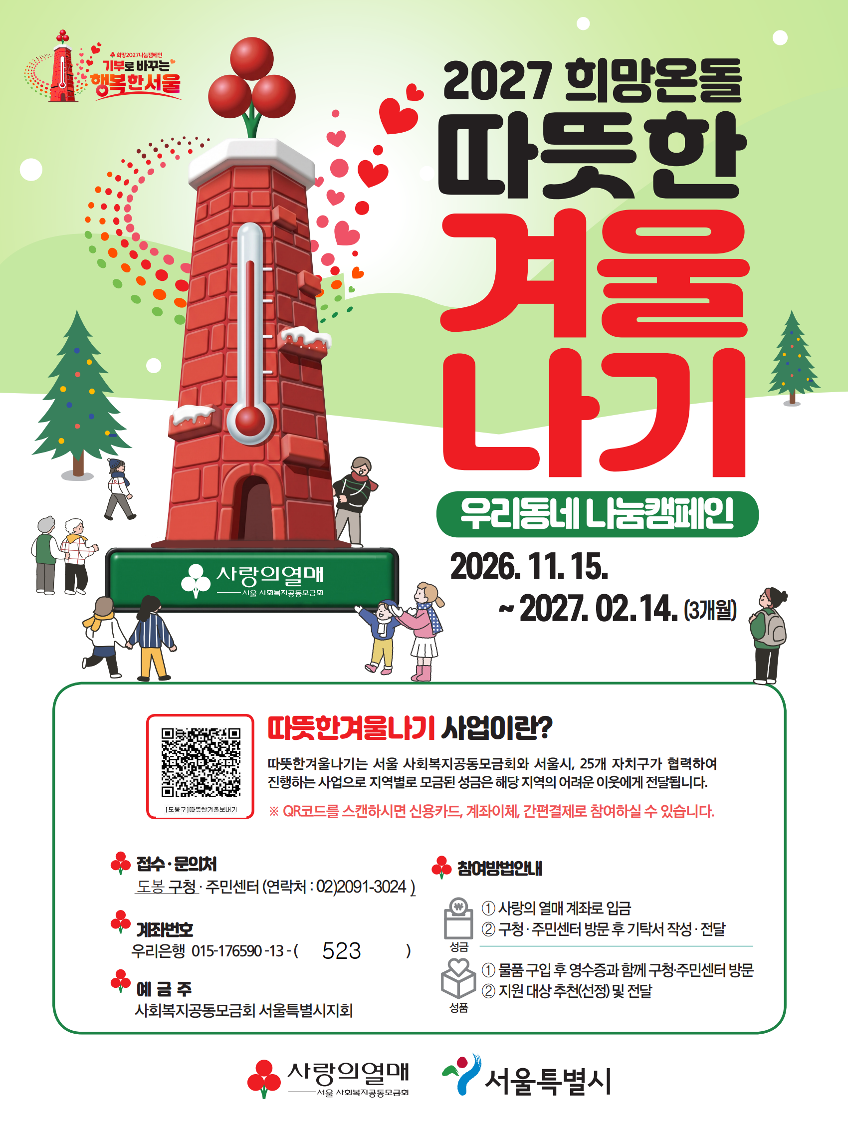 2027 희망온돌 따뜻한 겨울나기 우리동네 나눔캠페인. 2026년 11월 15일부터 2027년 2월 14일까지 3개월간 진행. 따뜻한겨울나기는 서울 사회복지공동모금회와 서울시, 25개 자치구가 협력하여 진행하는 사업으로 지역별로 모금된 성금은 해당 지역의 어려운 이웃에게 전달됩니다. QR코드를 스캔하시면 신용카드, 계좌이체, 간편결제로 참여하실 수 있습니다. 접수 및 문의처는 도봉구청·주민센터, 연락처 02-2091-3024. 계좌번호는 우리은행 015-176590-13-523, 예금주는 사회복지공동모금회 서울특별시지회. 참여 방법은 성금의 경우 사랑의열매 계좌로 입금하거나 구청·주민센터 방문 후 기탁서 작성 및 전달, 성품의 경우 물품 구입 후 영수증과 함께 구청·주민센터 방문하여 지원 대상 추천 및 전달. 사랑의열매 사회복지공동모금회, 서울특별시.